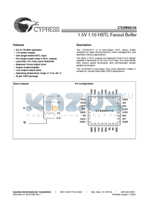 CY2HH8110 datasheet - 1.5V 1:10 HSTL Fanout Buffer