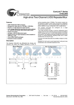 CY2LL843 datasheet - High-drive Two-Channel LVDS Repeater/Mux