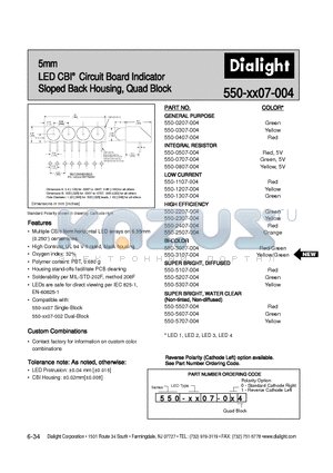550-3007-004 datasheet - 5mm LED CBI Circuit Board Indicator Sloped Back Housing, Quad Block