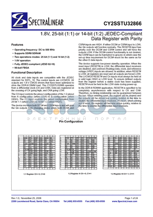 CY2SSTU32866BFXC datasheet - 1.8V, 25-bit (1:1) of 14-bit (1:2) JEDEC-Compliant Data Register with Parity