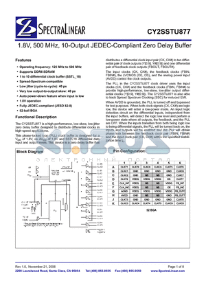 CY2SSTU877BVXC-43 datasheet - 1.8V, 500MHz 10-Output JEDEC-Compliant Zero Delay Buffer