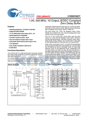 CY2SSTU877BVXC-43 datasheet - 1.8V, 500-MHz, 10-Output JEDEC-Compliant Zero Delay Buffer