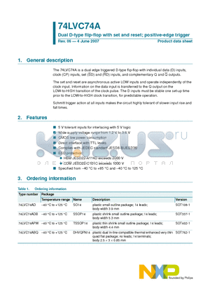 74LVC74A datasheet - Dual D-type flip-flop with set and reset; positive-edge trigger