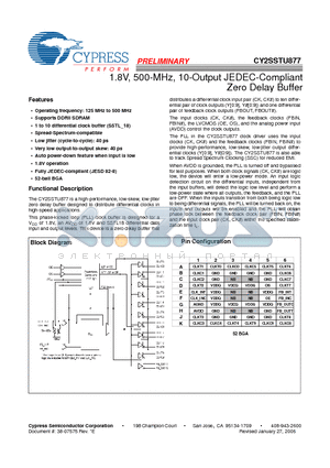 CY2SSTU877BVXC-32 datasheet - 1.8V, 500-MHz, 10-Output JEDEC-Compliant Zero Delay Buffer