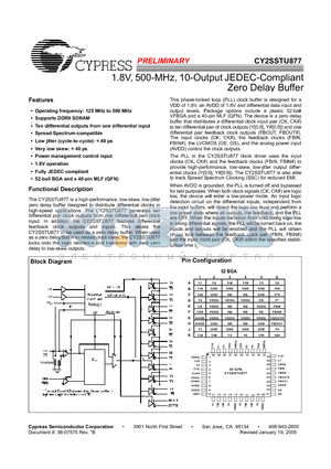 CY2SSTU877BVXI-XX datasheet - 1.8V, 500-MHz, 10-Output JEDEC-Compliant Zero Delay Buffer