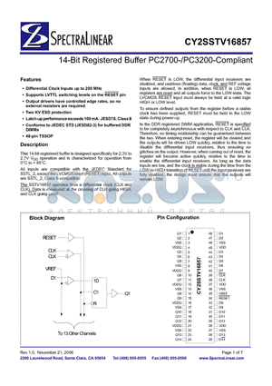 CY2SSTV16857 datasheet - 14-Bit Regstered Buffer PC2700-/PC3200-Compliant