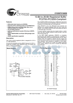 CY2SSTV16859 datasheet - 13-Bit to 26-Bit Registered Buffer PC2700-/PC3200-Compliant