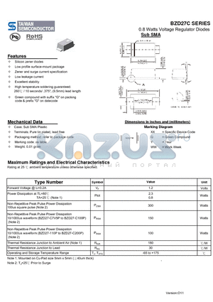 BZD27C100P datasheet - 0.8 Watts Voltage Regulator Diodes