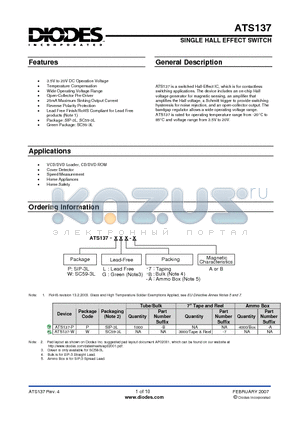 ATS137-PL-A-A datasheet - SINGLE HALL EFFECT SWITCH