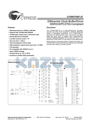 CY2SSTV857-27 datasheet - Differential Clock Buffer/Driver DDR333/PC2700-Compliant
