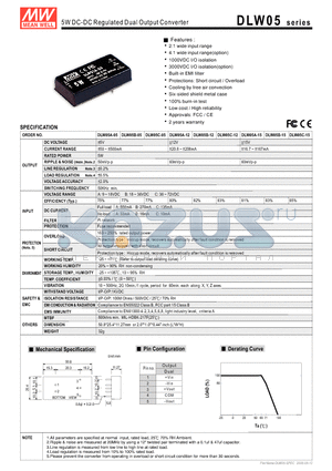DLW05A-05 datasheet - 5W DC-DC Regulated Dual Output Converter