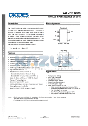 74LVCE1G86SE datasheet - SINGLE 2 INPUT EXCLUSIVE OR GATE