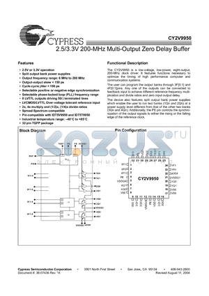 CY2V9950AIT datasheet - 2.5/3.3V 200-MHz Multi-Output Zero Delay Buffer