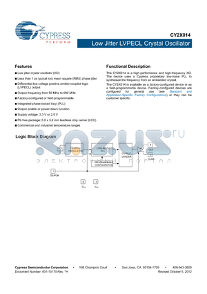 CY2X014LXI159T_12 datasheet - Low Jitter LVPECL Crystal Oscillator