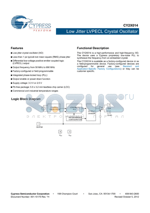 CY2X014_12 datasheet - Low Jitter LVPECL Crystal Oscillator