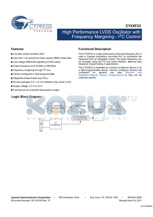 CY2XF23FLXIT datasheet - High Performance LVDS Oscillator with Frequency Margining - I2C Control