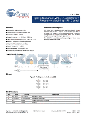 CY2XF34FLXCT datasheet - High Performance LVPECL Oscillator with Frequency Margining  Pin Control