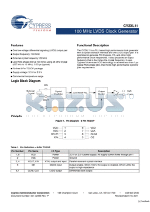 CY2XL11ZXC datasheet - 100 MHz LVDS Clock Generator Output frequency: 100 MHz