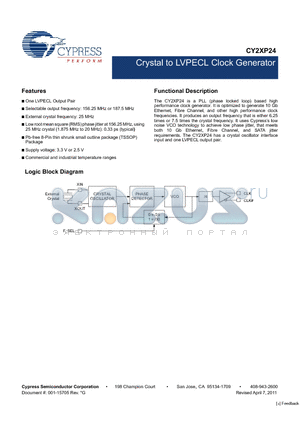 CY2XP24ZXC datasheet - Crystal to LVPECL Clock Generator One LVPECL Output Pair