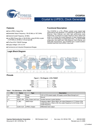 CY2XP24ZXCT datasheet - Crystal to LVPECL Clock Generator