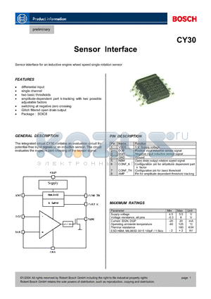 CY30 datasheet - Sensor interface for an inductive engine wheel speed single rotation sensor