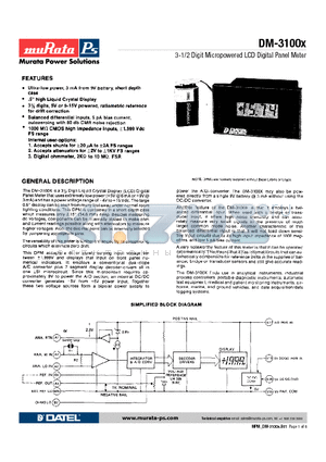 DM-3100X datasheet - 3-1/2 Digit Micropowered LCD Digital Panel Meter