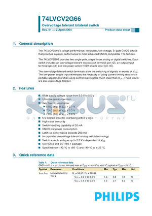 74LVCV2G66 datasheet - Overvoltage tolerant bilateral switch