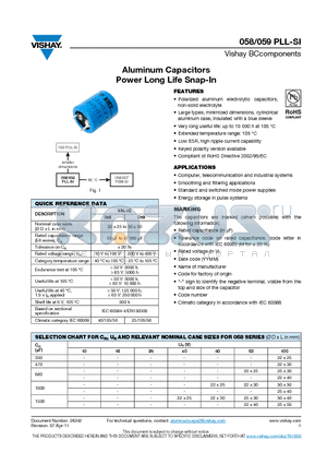 059PLL-SI datasheet - Aluminum Capacitors Power Long Life Snap-In
