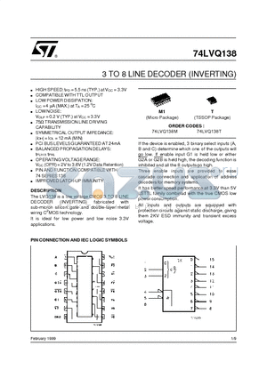 74LVQ138T datasheet - 3 TO 8 LINE DECODER INVERTING