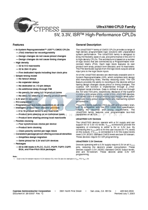 CY37032P44-125AC datasheet - 5V, 3.3V, ISR High-Performance CPLDs