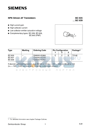 BC635 datasheet - NPN Silicon AF Transistors (High current gain High collector current)