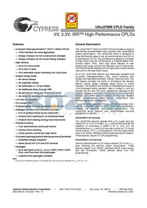 CY37032P44-125JI datasheet - 5V, 3.3V, ISRTM High-Performance CPLDs