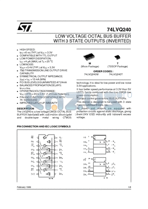 74LVQ240 datasheet - LOW VOLTAGE OCTAL BUS BUFFER WITH 3 STATE OUTPUTS INVERTED