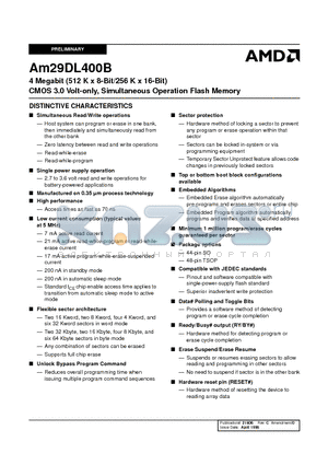 AM29DL400BB-120FCB datasheet - 4 Megabit (512 K x 8-Bit/256 K x 16-Bit) CMOS 3.0 Volt-only, Simultaneous Operation Flash Memory