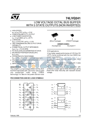 74LVQ241M datasheet - LOW VOLTAGE OCTAL BUS BUFFER WITH 3 STATE OUTPUTS NON INVERTED