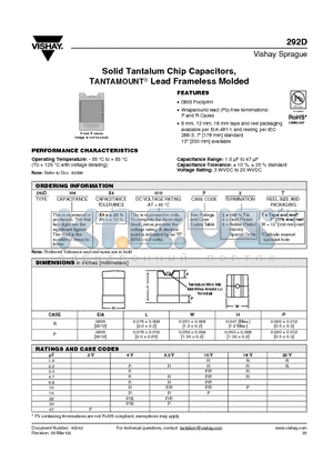 292D105X_010R2 datasheet - Solid Tantalum Chip Capacitors, TANTAMOUNT^ Lead Frameless Molded