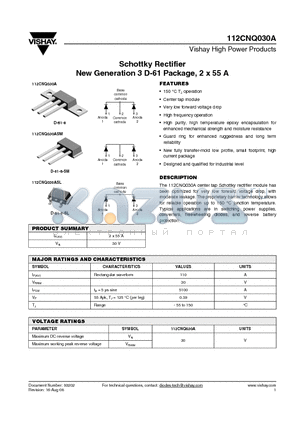 112CNQ030A datasheet - Schottky Rectifier New Generation 3 D-61 Package, 2 x 55 A