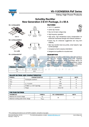 112CNQ030ASMPBF datasheet - Schottky Rectifier New Generation 3 D-61 Package, 2 x 55 A