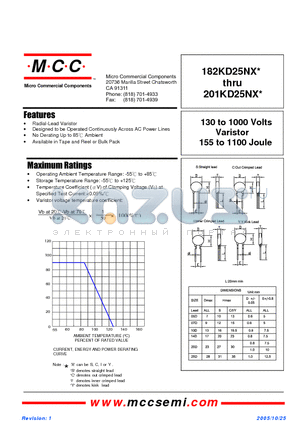 112KD25NX datasheet - 130 to 1000 Volts Varistor 155 to 1100 Joule