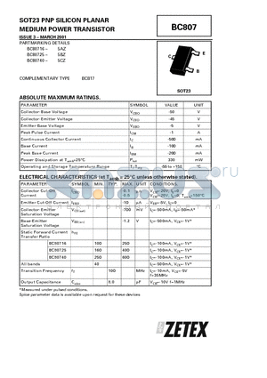 BC807 datasheet - PNP SILICON PLANAR MEDIUM POWER TRANSISTOR