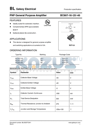 BC807-16 datasheet - PNP General Purpose Amplifier