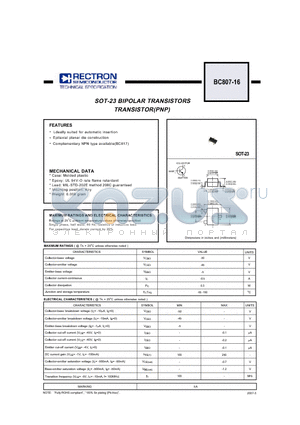 BC807-16 datasheet - SOT-23 BIPOLAR TRANSISTORS TRANSISTOR(PNP)