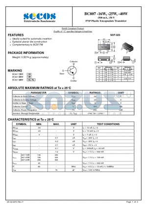 BC807-16W_10 datasheet - PNP Plastic Encapsulate Transistor