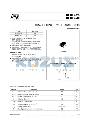 BC807-25 datasheet - SMALL SIGNAL PNP TRANSISTORS