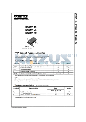 BC807-25 datasheet - PNP General Purpose Amplifier
