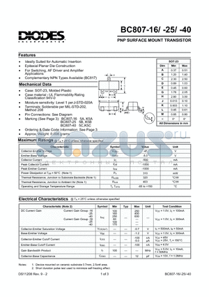 BC807-25-7 datasheet - PNP SURFACE MOUNT TRANSISTOR