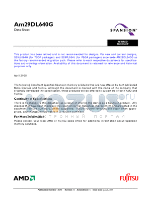 AM29DL640G120PCI datasheet - 64 Megabit (8 M x 8-Bit/4 M x 16-Bit) CMOS 3.0 Volt-only, Simultaneous Read/Write Flash Memory