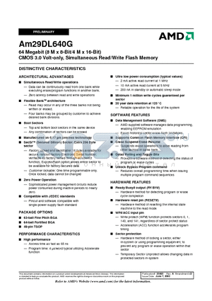 AM29DL640G70 datasheet - 64 Megabit (8 M x 8-Bit/4 M x 16-Bit) CMOS 3.0 Volt-only, Simultaneous Read/Write Flash Memory