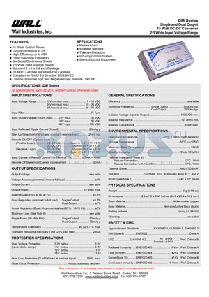 DM12S3.3-4000 datasheet - Single and Dual Output 15 Watt DC/DC Converter 2:1 Wide Input Voltage Range
