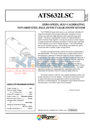 ATS632LSC datasheet - ZERO-SPEED, SELF-CALIBRATING, NON-ORIENTED, HALL-EFFECT GEAR-TOOTH SENSOR